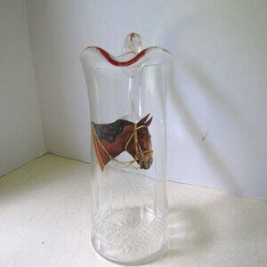 Vintage Cut Glass Hand Painted Equestrian Pitcher MINT